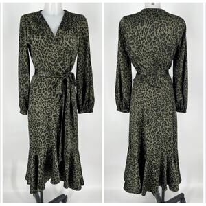 Express Satin Kimono Cover Up Wrap Dress Women M Olive Green Black Leopard Print